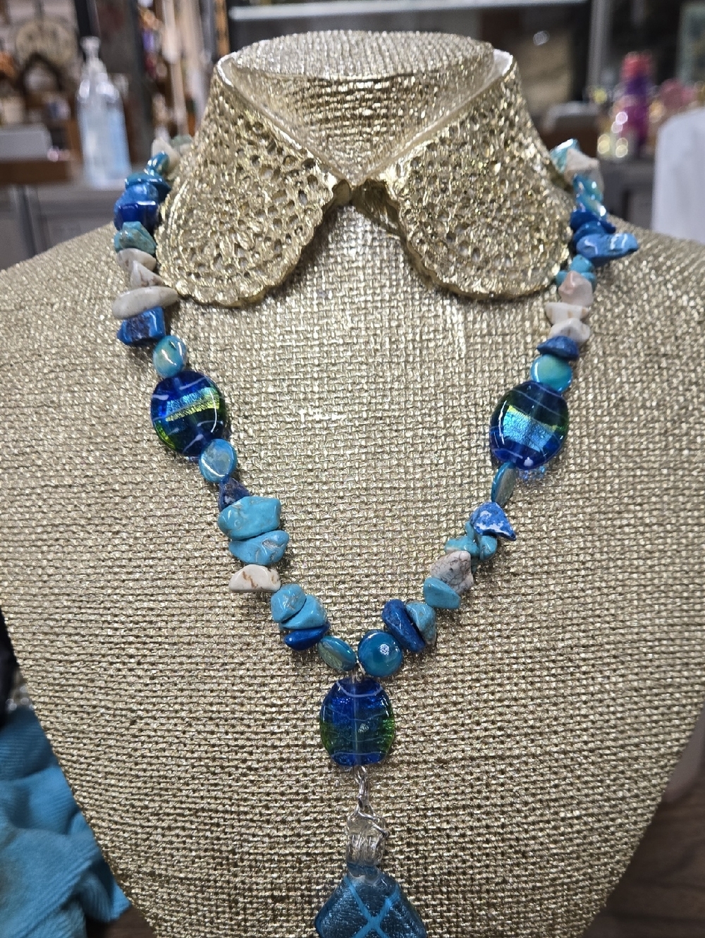 Handmade Blue Glass Howlite & Turquoise Stone Necklace 20"
